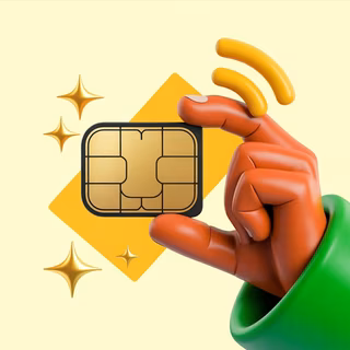 Ilustração 3D de dedos segurando chip SIM dourado com ondas de sinal