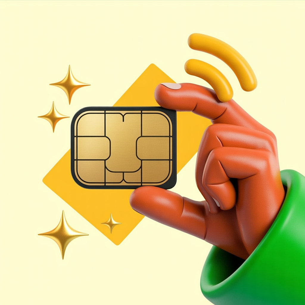 Ilustração 3D de dedos segurando chip SIM dourado com ondas de sinal