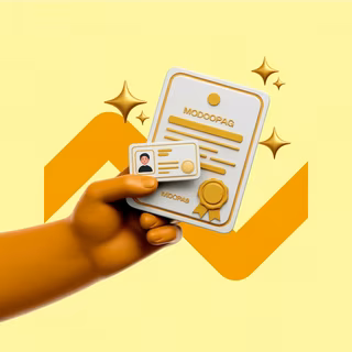 Ilustração 3D de mão segurando documentos de CPF e CNPJ