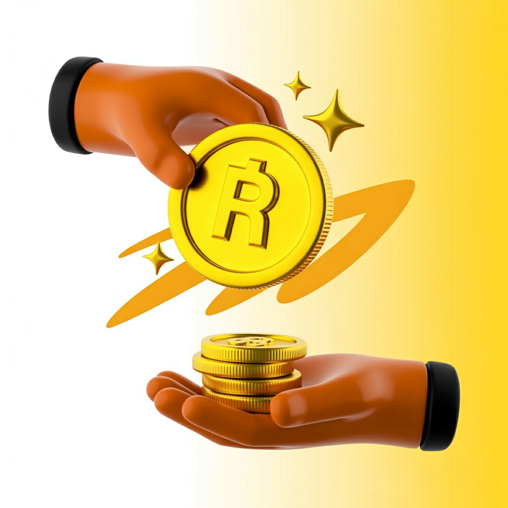 Ilustração 3D de mãos trocando moedas douradas com símbolo R$