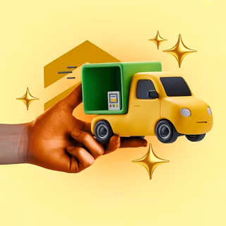 Ilustração 3D de mão segurando caminhão de entrega com maquininha