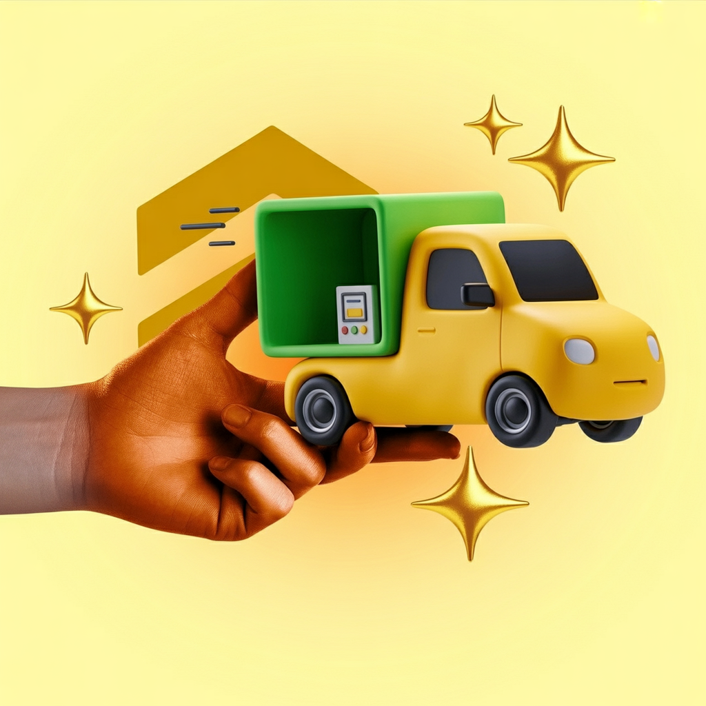 Ilustração 3D de mão segurando caminhão de entrega com maquininha