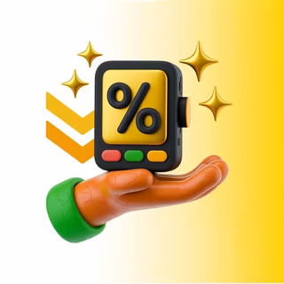 Ilustração 3D de mão segurando maquininha com símbolo de porcentagem