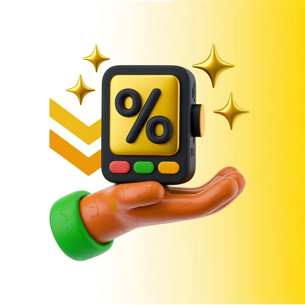 Ilustração 3D de mão segurando maquininha com símbolo de porcentagem