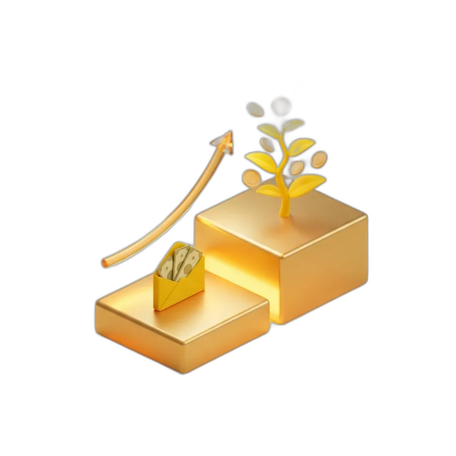Ilustração do upgrade de Afiliado para Consultor — dois degraus dourados: embaixo envelope com comissão, em cima planta com moedas recorrentes