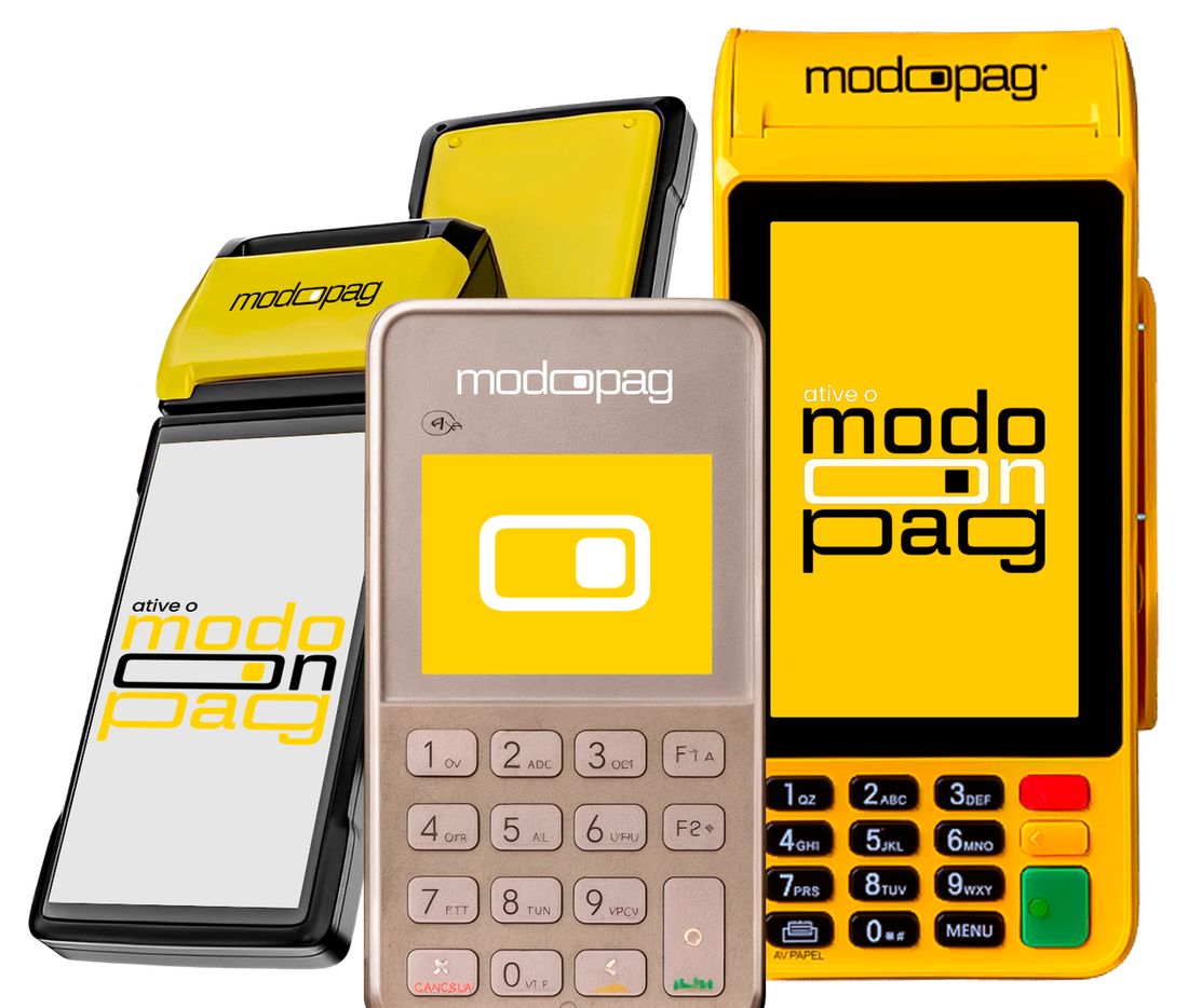 Três maquininhas modoPAG juntas: modo SMART, modo MINI e modo PRO