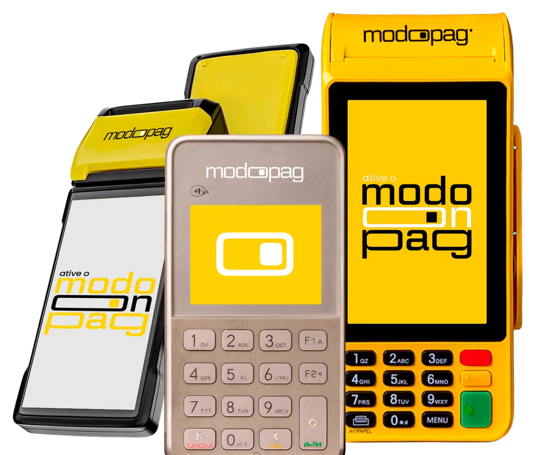 Três maquininhas modoPAG juntas: modo SMART, modo MINI e modo PRO