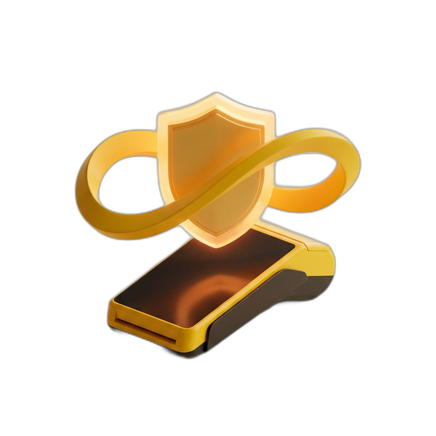 Ilustração de garantia vitalícia: escudo amber com símbolo de infinito sobre maquininha modoPAG