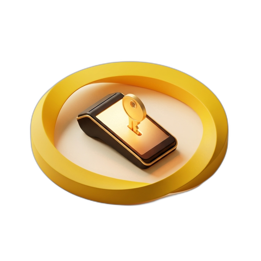 Ilustração de maquininha sua pra sempre: maquininha modoPAG com chave dourada dentro de anel amber representando posse permanente