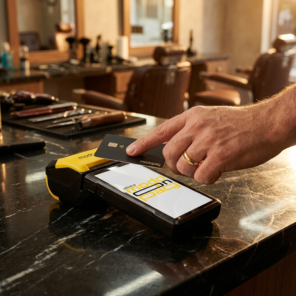 Cliente pagando com cartão por aproximação na maquininha modoPAG em balcão de barbearia