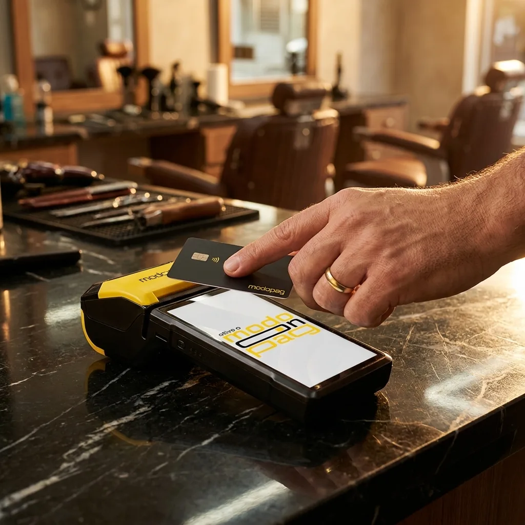 Cliente pagando com cartão por aproximação na maquininha modoPAG em balcão de barbearia