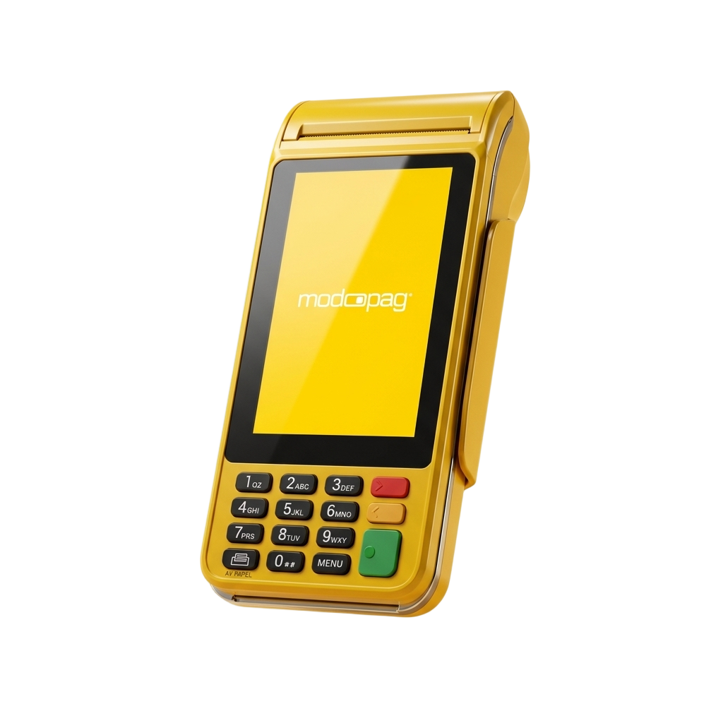Maquininha modo PRO da modoPAG — tela touch amarela e impressora térmica integradas