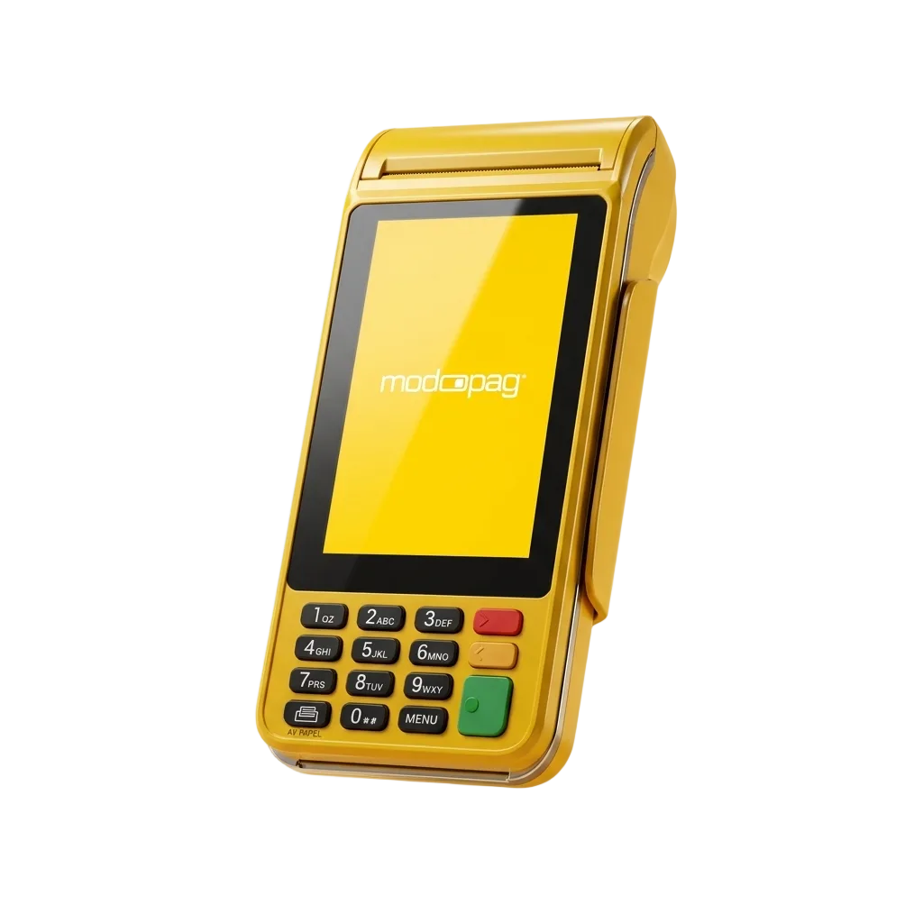 Maquininha modo PRO da modoPAG — tela touch amarela e impressora térmica integradas