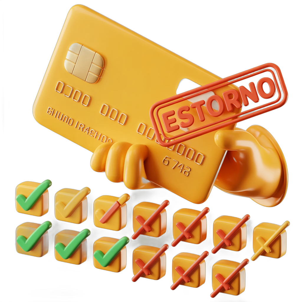 Cartão de crédito 3D com selo "ESTORNO" e 12 parcelas — 3 com check verde, 9 marcadas em vermelho