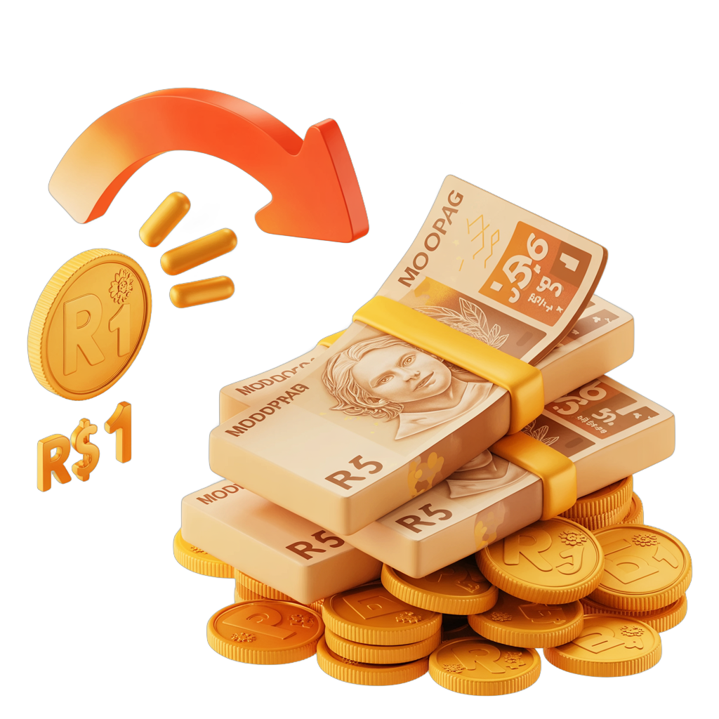 Ilustração 3D mostrando moeda pequena de R$ 1 sendo amplificada em pilha 3,59 vezes maior