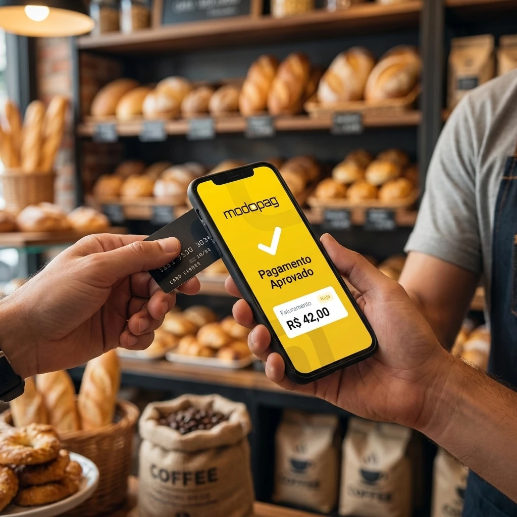 Cliente pagando por aproximação NFC num pequeno comércio brasileiro, celular do vendedor mostrando pagamento aprovado