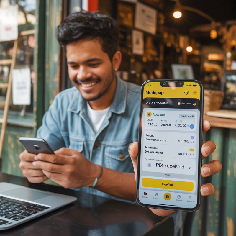 Empreendedor olhando o saldo da conta modoPAG grátis no app do celular