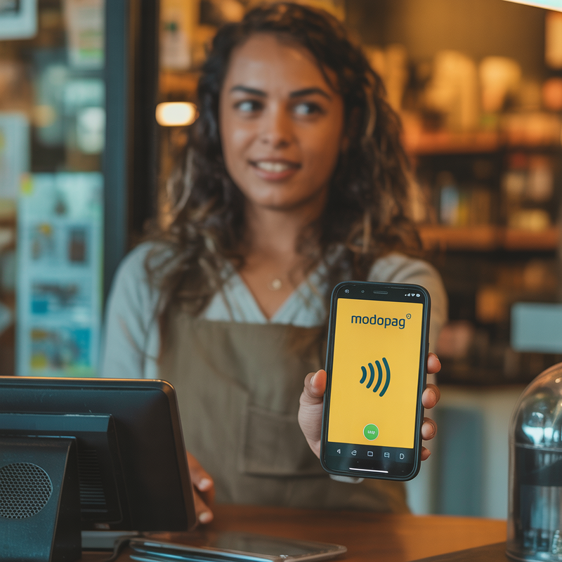 Empreendedora MEI usando o modoTAP no celular pra cobrar cartão por aproximação