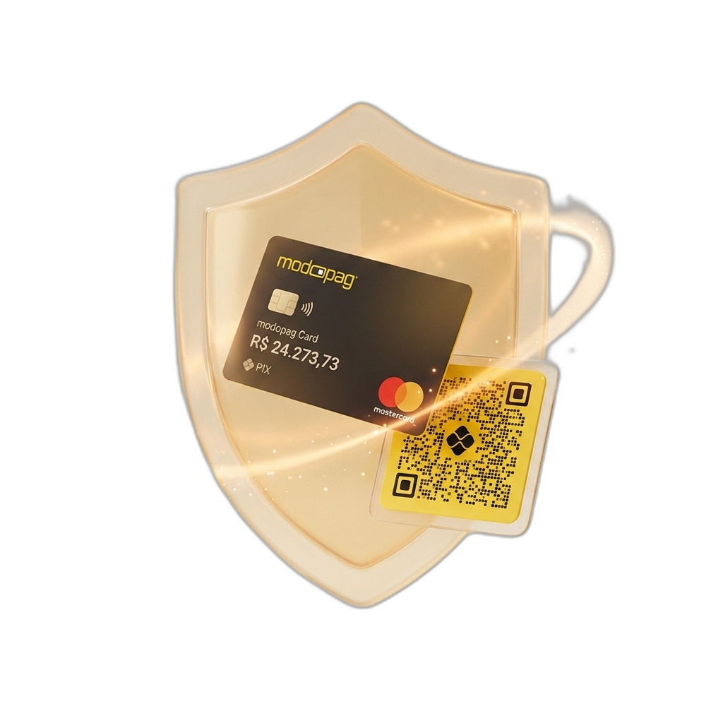 Escudo protegendo um cartão e um QR Code Pix