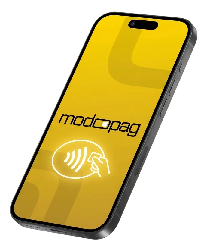 Celular Android com app modoPAG aceitando pagamento por aproximação NFC