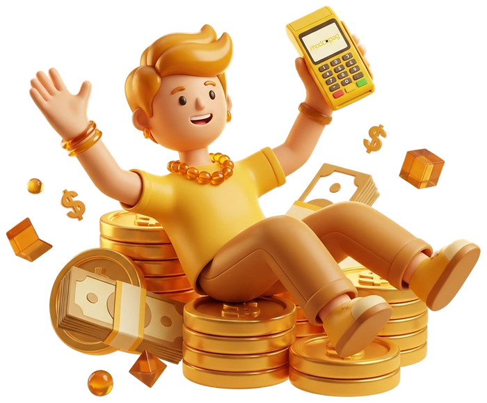 Personagem 3D comemorando vendas com maquininha modoPAG