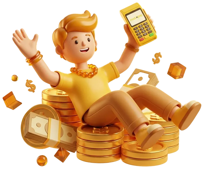 Personagem 3D comemorando vendas com maquininha modoPAG