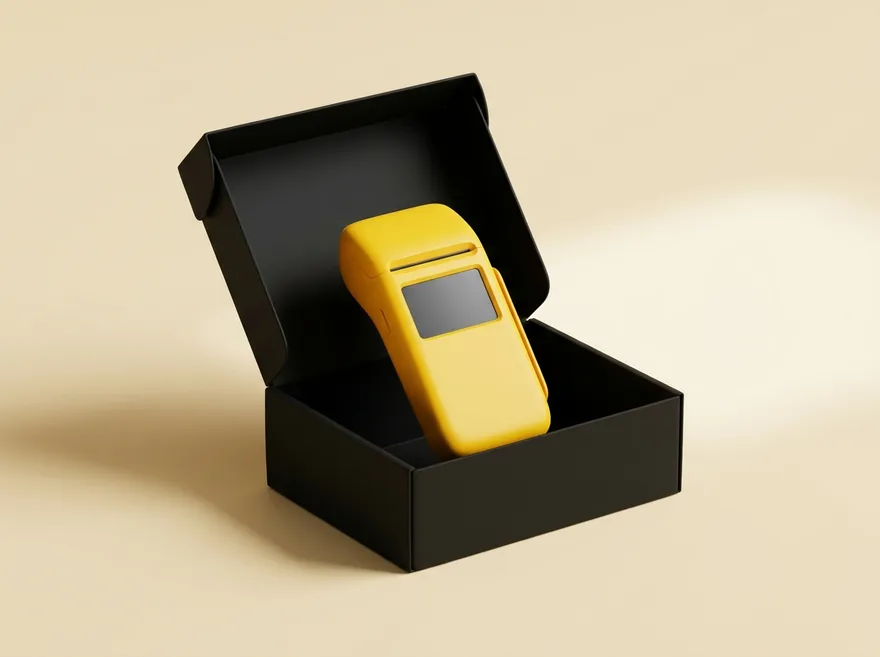 Equipamento de pagamento amarelo em caixa de entrega — peça seu Pin Pad TEF modoPAG